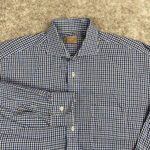 Gitman Gold Button Shirt Mens 17 - 34 Blue/Black Gingham Plaid Dress Casual USA